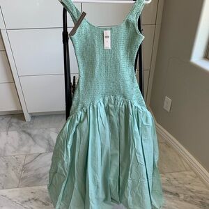 Hutch Sleeveless Smocked Drop-Waist MIDI Dress. Linen, rayon, polyester lining.